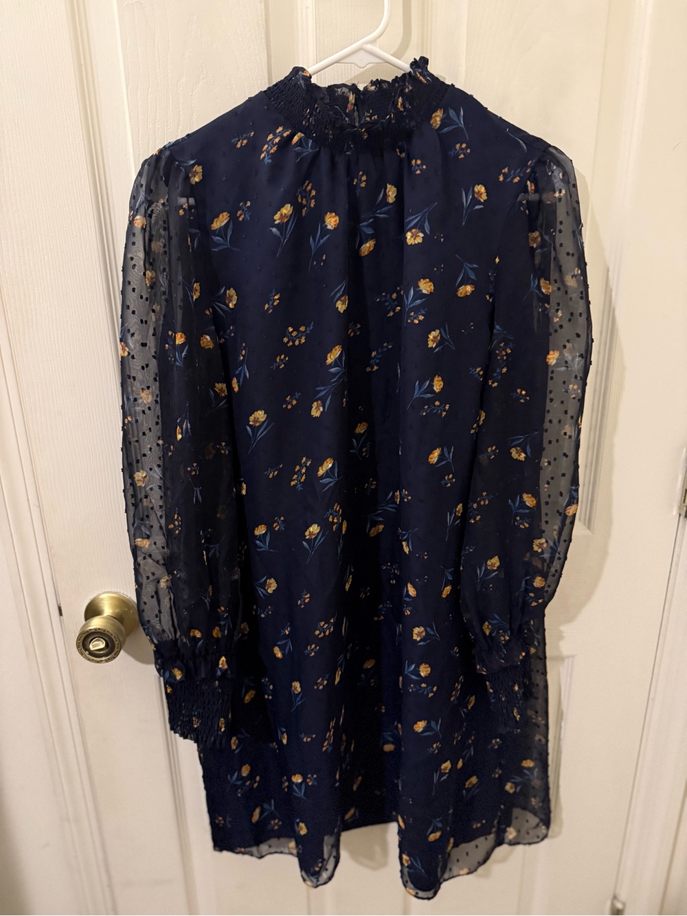 Draper James Navy and Yellow Floral Long-Sleeve Mesh Shift Dress